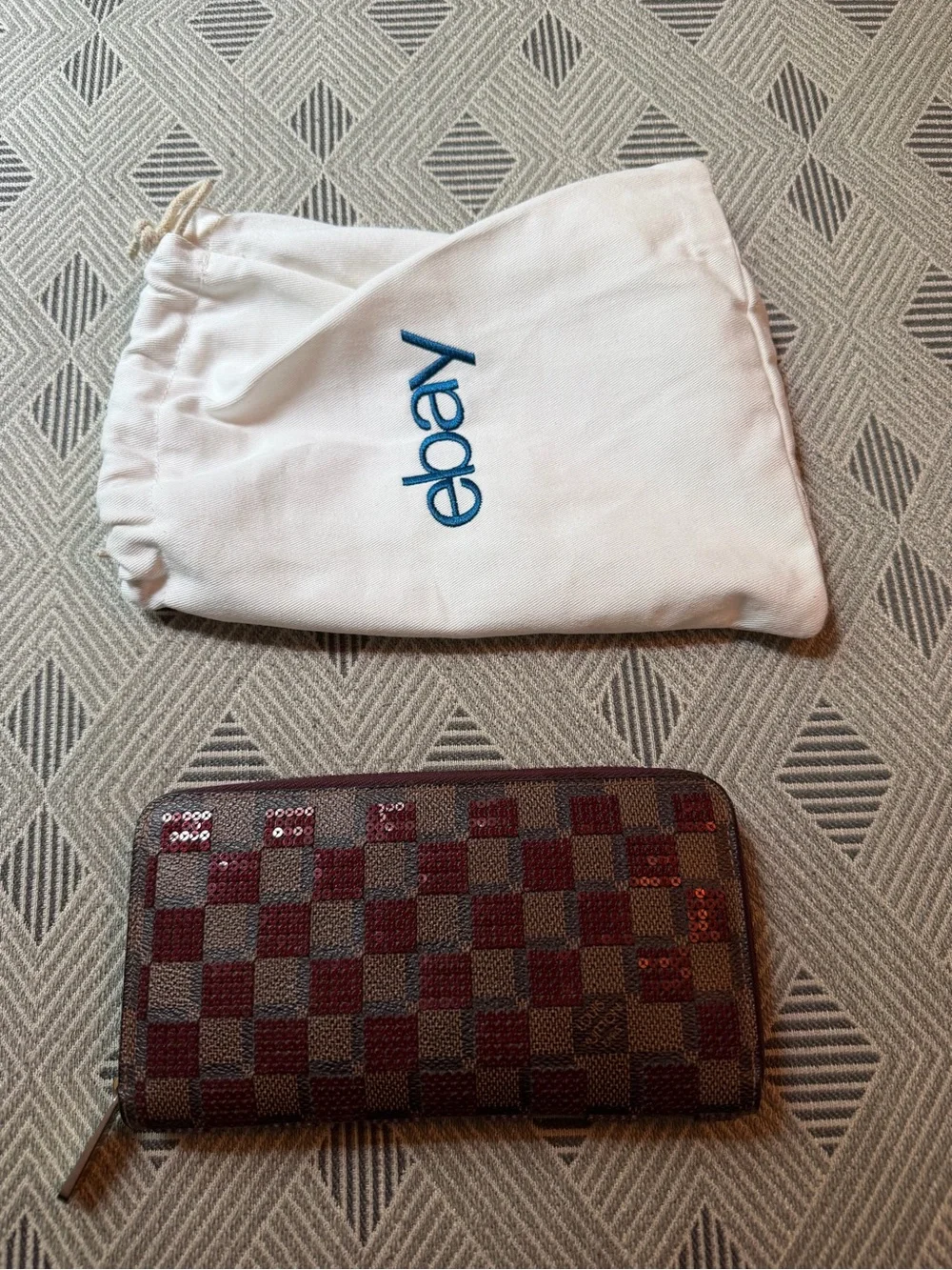 Louis Vuitton Damier Ebene Sequin Zip Around Wallet in Brown and Red